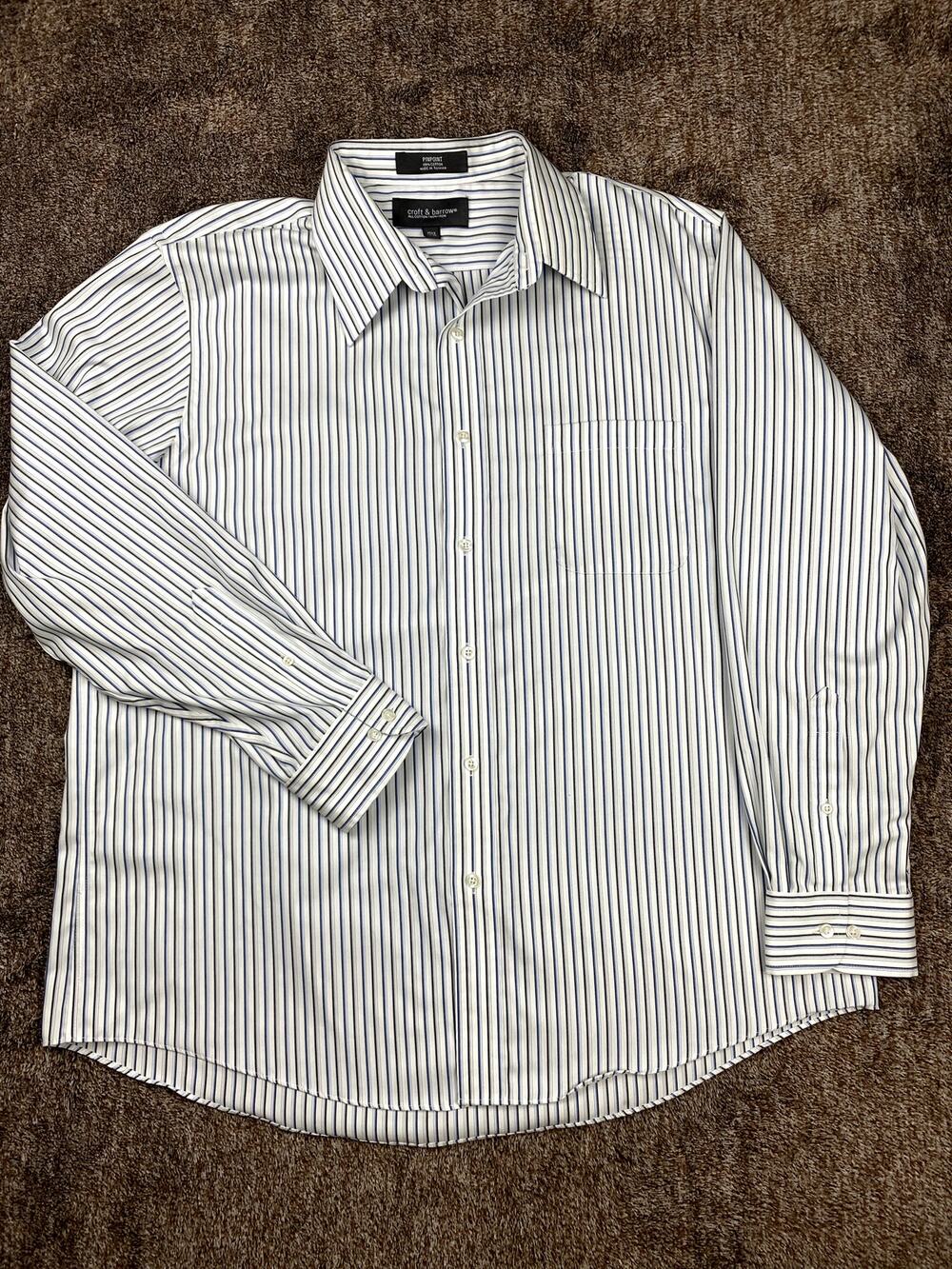 Vintage Croft & Barrow Men Button Down Shirt XL Pinpoint Cotton Blue Gray Stripe